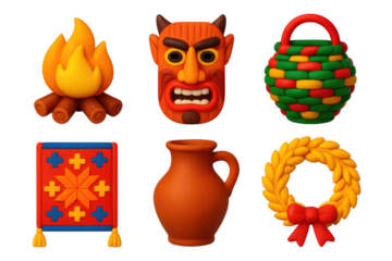 Collection of various figures and objects, including a wreath, a vase, a fire
