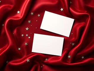 Blank white cards mockup on red silk fabric with golden stars, Christmas greeting card template