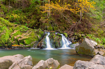 Kamianka Waterfall in Skole Beskids National Park near Skole town, Lviv region, Ukraine, in autumn