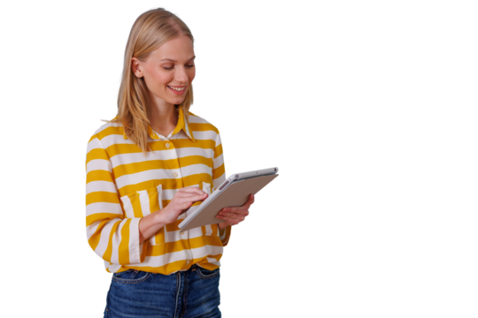 Young blonde woman smiling, interacting with a portable digital tablet, browsing online on a transparent background