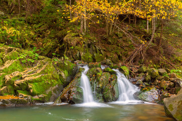 Kamianka Waterfall in Skole Beskids National Park near Skole town, Lviv region, Ukraine, in autumn