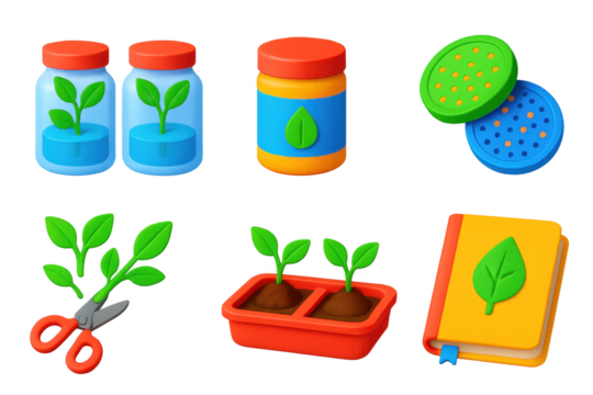 Herb Propagation Icons. 3D icon set of herb propagation tools: glass jars, rooting gel, sprouting lids, clipped stems, propagation