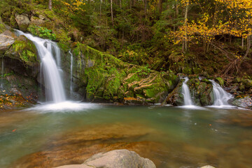 Kamianka Waterfall in Skole Beskids National Park near Skole town, Lviv region, Ukraine, in autumn