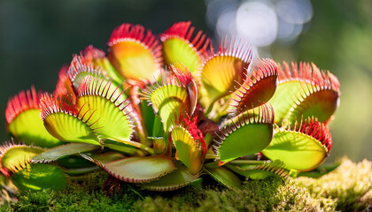Vibrant Venus Flytrap Plant In Lush Green Environment With Unique Red And Green Coloration And Distinctive Spiky Leaves