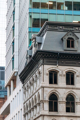 Contrast of historic and modern architecture in downtown Montreal, Quebec