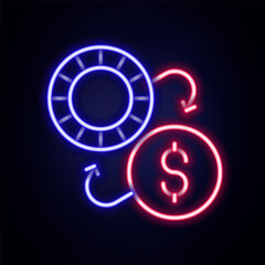 Glowing neon line Casino chips exchange on dollar icon isolated on brick wall background. Colorful outline concept. Vector