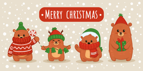 set of cute cartoon bears. Animal in flat style drawing for greeting cards, Christmas cards, banners, posters and activity pages. Vector illustration.
