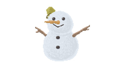 Pixel Art Snowman with Yellow Bucket Hat - Cheerful 8-Bit Winter Snowman Icon Wearing a Yellow Bucket - Retro Game Character with Smile and Bright Headwear