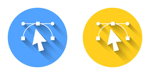 White Bezier curve icon isolated with long shadow background. Pen tool icon. Circle button. Vector