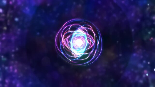 A glowing energy orb, with vibrant swirls, radiates light against a dark, cosmic bokeh