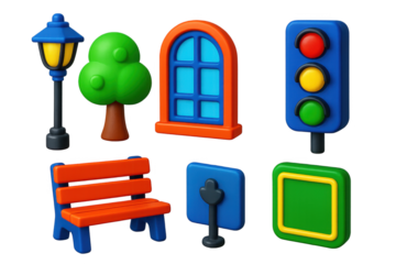 Collection of cartoon figures of street signs, traffic lights, and a bench