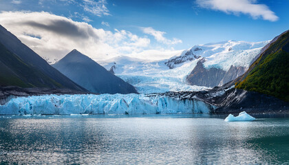 The Image Captures The Stunning Majesty Of A Towering Glacier With Its Blue And White Hues Reflecting In The Calm Waters Below Illustrating The Beauty Of Naturers Frozen Wonders
