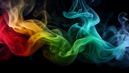 Obraz premium Luminous Abstract Smoke Patterns In Multiple Hues Featuring Dynamic Blue Green Red And Yellow Flows On A Black Canvas