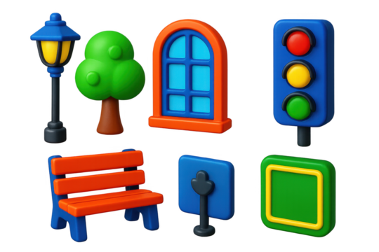 Collection of cartoon figures of street signs, traffic lights, and a bench