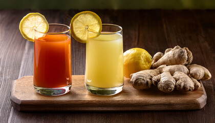 Refreshing Ginger And Fruit Juices With Sliced Lemon On Wooden Board