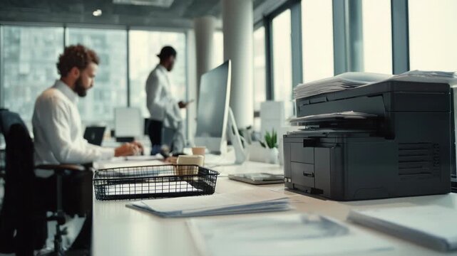 Modern office interior with a focus on a multifunctional printer on a desk, while diverse business people work on their computers in a contemporary open space with large windows in the background