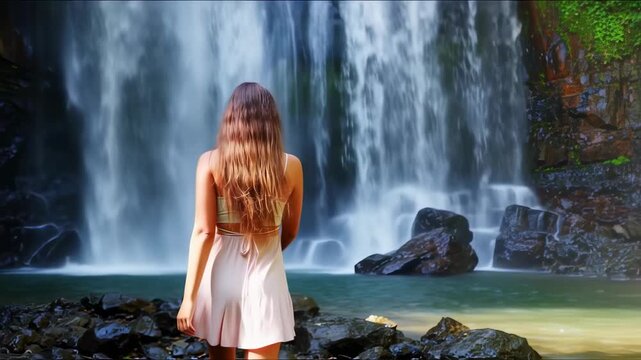 A woman stands facing a waterfall. Long hair and dress. Rocks and water in scene