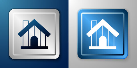 White Farm house icon isolated on blue and grey background. Silver and blue square button. Vector