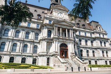 The historic Montreal City Hall (Hotel de Ville de Montreal) on Rue Notre Dame Est in Old Montreal