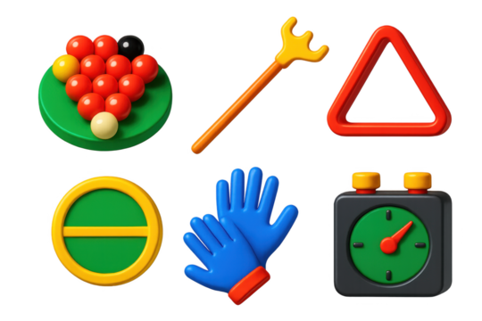 3D Snooker Icon Set. 3D icon set of snooker match items: snooker balls, extended rest, triangle frame, baulk line marker, referee