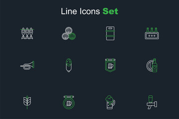 Set line Beer tap, Glass of beer, Street signboard with, Wheat, bottle and wooden barrel, Salami sausage and Trumpet icon. Vector