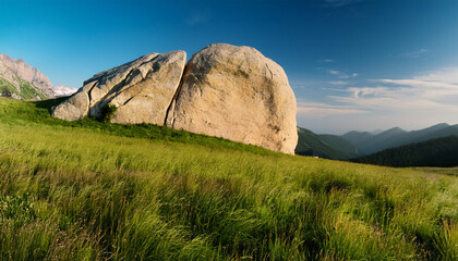 Scenic Nature Landscape With Large Beige Rock And Green Grassy Field In The Mountains