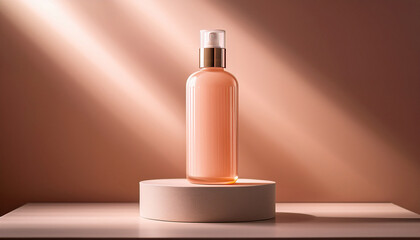 Pastel Peach Toner Bottle Stands Elegantly On Textured Pedestal Illuminated By Soft Light Creating Serene And Calming Atmosphere Minimalist Design Enhances Its Aesthetic Appeal