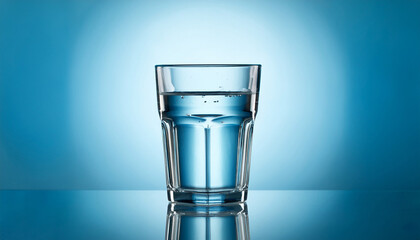 Transparent Glass Filled With Water Against A Light Blue Backdrop With Reflective Surface