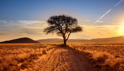 Solitary Tree Stands On A Dirt Path In An Arid Landscape During Golden Hour Light