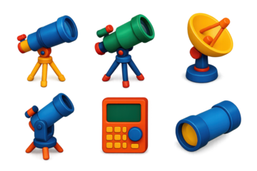 Set of six different colored toy telescopes and a calculator