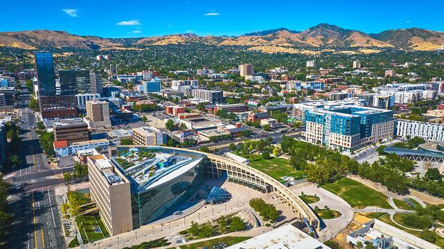 Aerial Salt Lake City Downtown Public Library Urban Skyline Wasatch Mountains