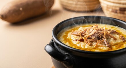 Creamy Beninese Djoukoutou – Yam Porridge with Palm Oil & Smoked Fish in Black Clay Pot