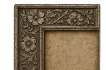 Vintage ornate picture frame featuring intricate floral carvings and rustic textured backdrop on a transparent background