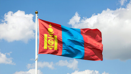 Patriotic Mongolia national flag waving gracefully in the wind against a beautiful blue sky with fluffy clouds on a sunny day, showcasing national pride