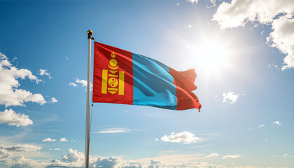 Mongolian flag waving proudly against a clear blue sky with bright sunlight, perfect for travel, tourism, and patriotic themes, vibrant and inspiring