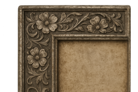 Vintage ornate picture frame featuring intricate floral carvings and rustic textured backdrop on a transparent background