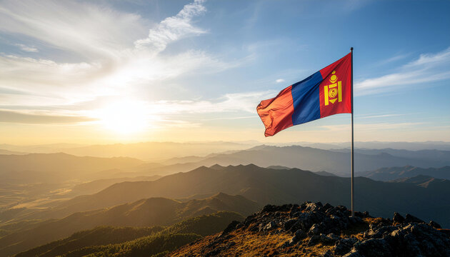 Mongolian pride waving high above majestic mountain peaks at sunset, a symbol of national identity and strength on a vast landscape under a clear sky