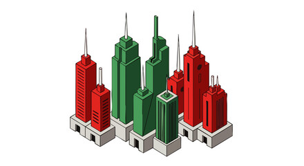 Isometric illustration showcasing a collection of colorful, modern skyscrapers with various architectural designs and spires, representing urban development.