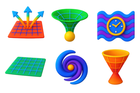 Space-Time Icon Set. 3D icon set of space-time concepts: expanding universe, gravity well, time dilation wave, space fabric,