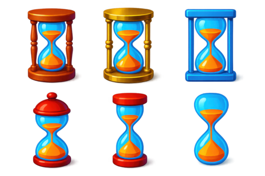 Colorful Hourglass Icon Set. 3D icon set of classic hourglasses: wooden frame hourglass, brass-trimmed hourglass, modern acrylic