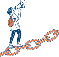 Activist person communicating with megaphone standing on chain