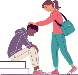 Friend comforting sad young man feeling empathy and support