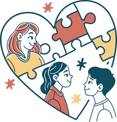 People connecting within a heart shape, solving a puzzle together