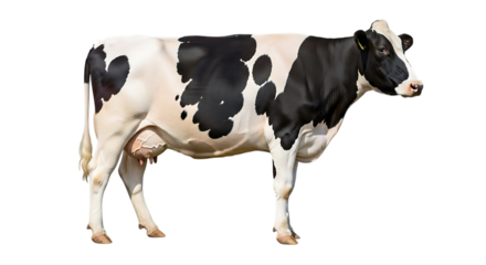 Holstein Friesian cow with black and white patches standing, isolated on white or transparent background, PNG