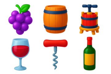 Wine Production Icons. 3D icon set of wine production: wine grapes, wooden barrel, wine press, glass of red wine, corkscrew, wine