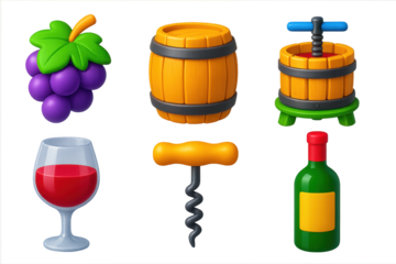 Set of six icons for wine and wine accessories, including a wine glass