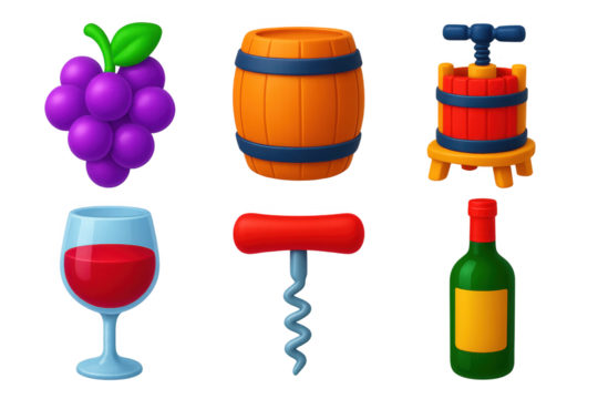 Wine Production Icons. 3D icon set of wine production: wine grapes, wooden barrel, wine press, glass of red wine, corkscrew, wine