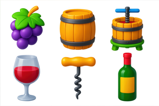 Set of six icons for wine and wine accessories, including a wine glass