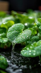 Fototapeta premium Water falling from a green leaf covered in raindrops