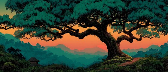 Beautiful misty forest illustration with golden sunrise high resolution picture